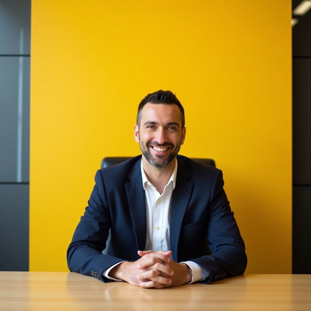 Pride Profile Picture Headshots With One Bold Color example: Professional headshot photography. Environmental portrait at a conference-room table with a single bold golden yellow ba