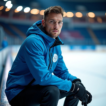 AI-generated photo: Photorealistic sports portrait photography. Athlete in a winter Olympic jacket sits on the edge of a...