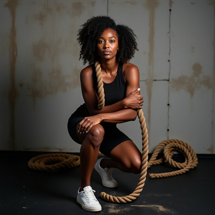 Photobooth portrait photo: boutique gym-inspired set with matte-black rubber flooring, a clean concrete wall stenciled with minimal line graphics, and neatly coiled battle ropes arranged as subtle foreground arcs; cool edge lights outline the silhouette while a neutral front fill keeps the face crisp and expressive. The subject holds a dynamic half-turn stance with one hand resting on the rope, chin level, gaze direct and self-assured, hinting at post-workout energy without clutter. A light chalk mist and faint perspiration sheen are suggested via highlights for a powerful, athletic feel that still prioritizes facial clarity.