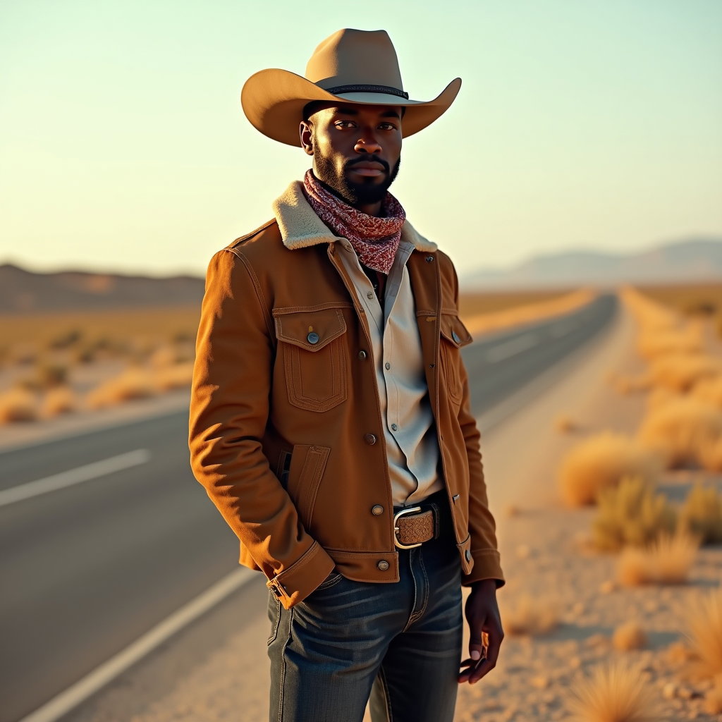 AI-generated photo: Photorealistic lifestyle fashion photography, a lone cowboy stands beside a quiet desert road with a...