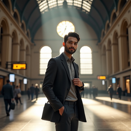 Photorealistic dating profile photo: Grand historic train station concourse with vaulted ironwork and a monumental clock, sunbeams pouring through clerestory windows to paint bright planes of light on patterned stone floors; the subject pauses mid-stride and turns squarely toward camera with an assured smile, one hand adjusting a structured overcoat or blazer while the other holds a slim weekender strap for a subtle travel narrative. Lighting is directional yet soft, with a clean key from the window side and a faint rim from the opposite aisle, producing crisp catchlights and smooth tonal transitions. Compose on the rule of thirds with leading lines from signage and floor geometry, keeping background figures gently softened to imply motion without distraction. Wardrobe finishes—polished leather accessories, a minimal watch, and muted monochrome layers—convey sophistication and date-ready confidence.