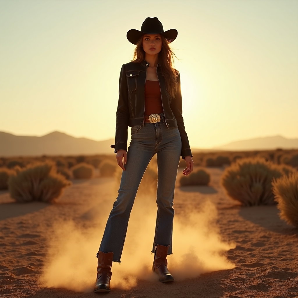 AI-generated photo: Photorealistic fashion photography, a dramatic cowboy-inspired portrait set in an open desert field ...