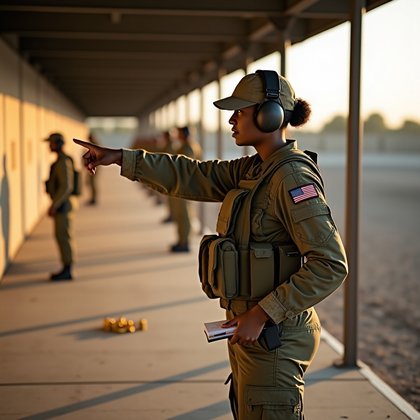 AI-generated photo: Photorealistic military lifestyle photography. Three-quarter body shot of a range instructor standin...