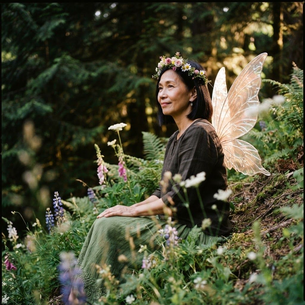 Woodland Fairy Among Wildflowers: Close personal portrait from a woodland slope, with wildflowers softly framing the foreground and a flowing skirt just visible at the bottom…