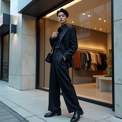 AI-generated photo: Fashion editorial street photography, a luxury street style concept set outside a minimalist designe...