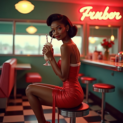 AI-generated photo: Vintage mid-century pin-up color photograph in a chrome-trim 1950s diner, checkerboard floor and neo...