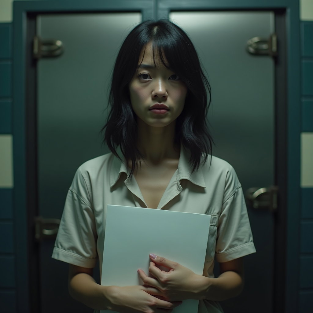 AI-generated photo: Photorealistic prison close-up portrait taken in front of a bolted steel door, the person’s upper bo...