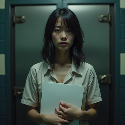 AI-generated photo: Photorealistic prison close-up portrait taken in front of a bolted steel door, the person’s upper bo...