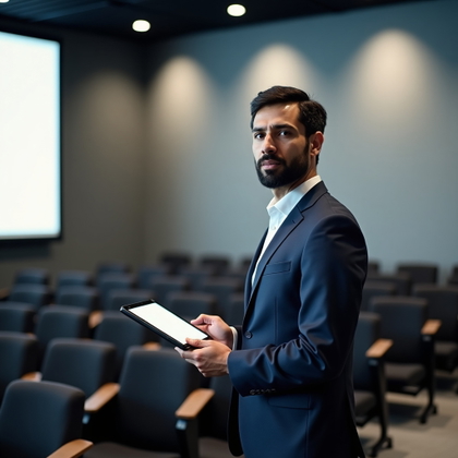 Professional business photography. Wide editorial hero portrait in a minimalist corporate training auditorium, with the subject positioned near the lower right at a lectern holding a tablet while looking toward the viewer. Presentation-ready business attire, rows of empty seats, a large clean wall for article text space, bright even lighting with a soft spotlight, and an ivory, graphite, and muted blue palette.