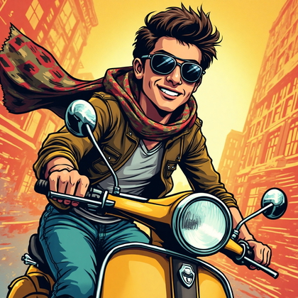 AI-generated photo: Pop Art illustration. Capture a lively scene of a young man on a retro-inspired scooter, racing thro...