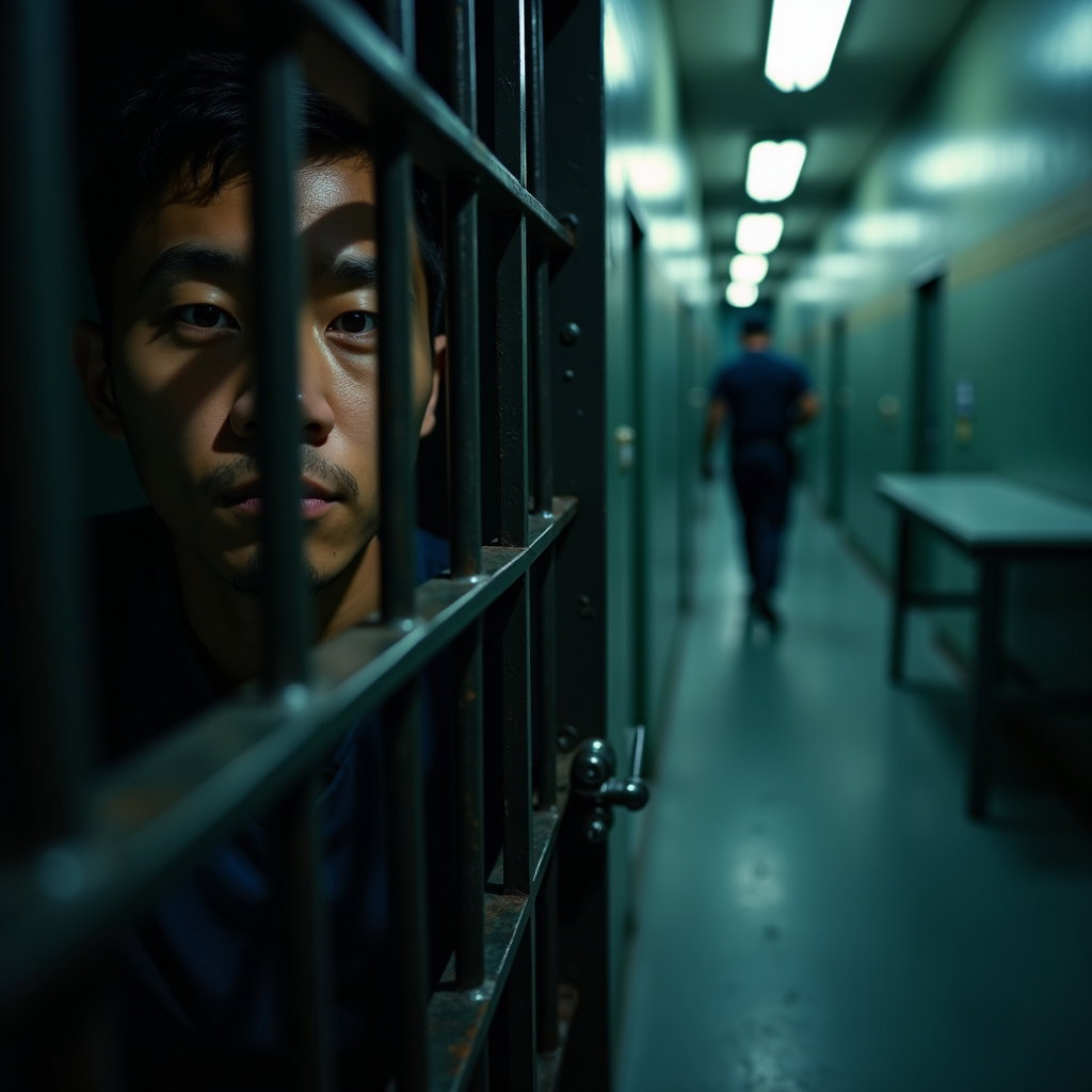 AI-generated photo: Photorealistic prison photography. The viewer’s perspective is from within a narrow visiting area, s...