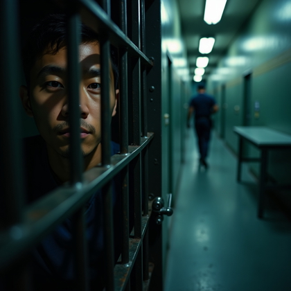 AI-generated photo: Photorealistic prison photography. The viewer’s perspective is from within a narrow visiting area, s...