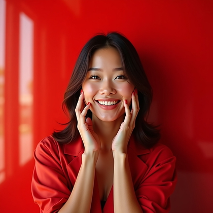 AI-generated photo: Photorealistic studio portrait photograph with the subject centered against a high-gloss candy-apple...