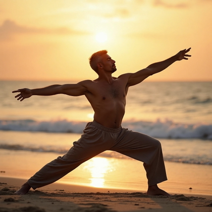 AI-generated photo: Athletic action photo of a man practicing yoga on ...