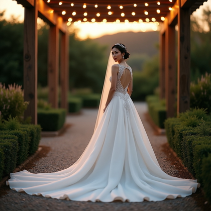 AI-generated photo: Photorealistic wedding photography at dusk under a garden pergola with twinkle lights, the subject a...
