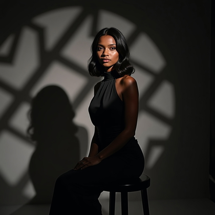 AI-generated photo: Photorealistic studio portrait where a Greek-key (meander) gobo throws interlocking right-angled sha...