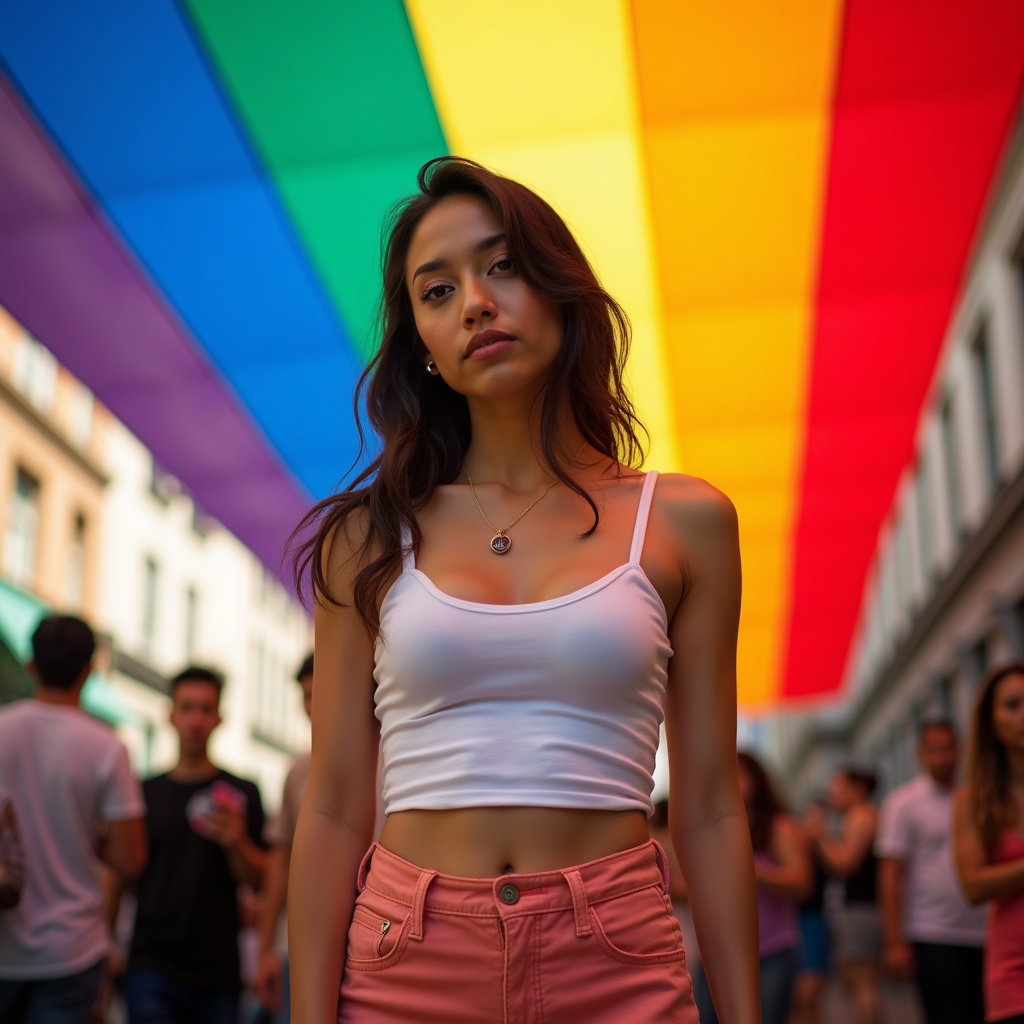 Solo Pride Parade Street Portraits example: Photorealistic editorial street portrait photography. Hero image of a solo subject standing tall beneath a large rainbow