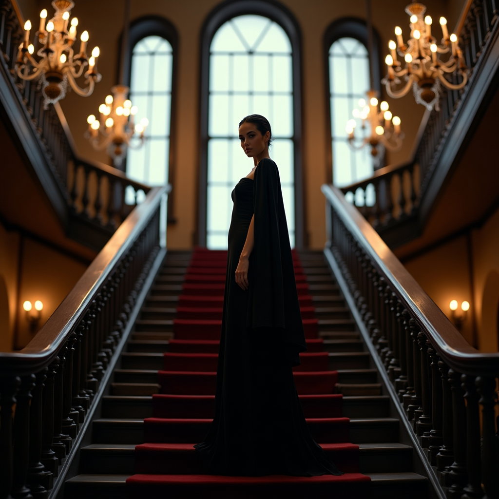Regal Staircase Vampire Romance Portrait example: Cinematic gothic portrait photography. Full-body portrait standing midway up a sweeping staircase, one foot placed highe