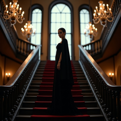 Regal Staircase Vampire Romance Portrait example: Cinematic gothic portrait photography. Full-body portrait standing midway up a sweeping staircase, one foot placed highe