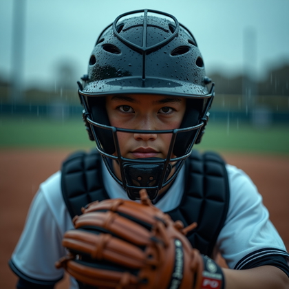 AI-generated photo: Photorealistic sports photography during a light rain, droplets beading on the catcher's mask and dr...