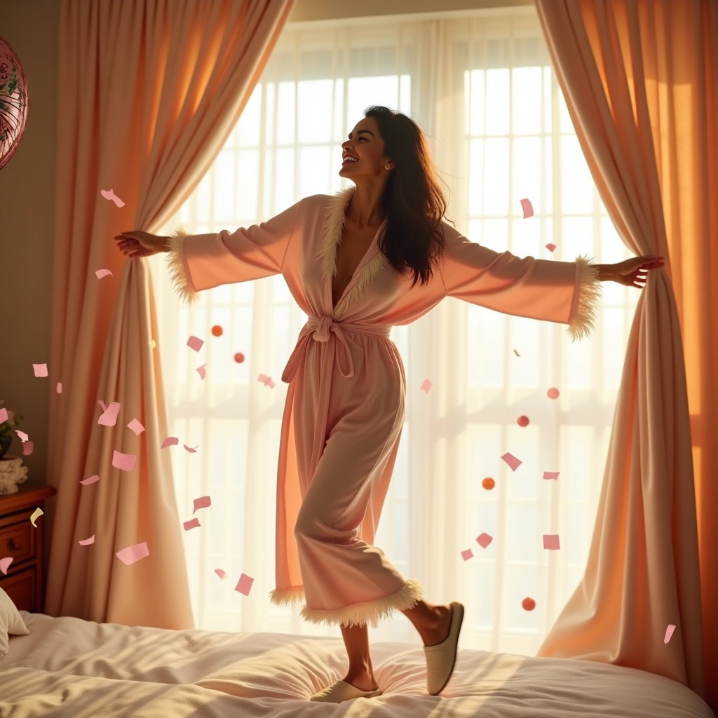 Soft Birthday Morning Lifestyle Portraits example: Photorealistic lifestyle fashion portrait photography. Motion portrait of the subject opening bedroom curtains while pas