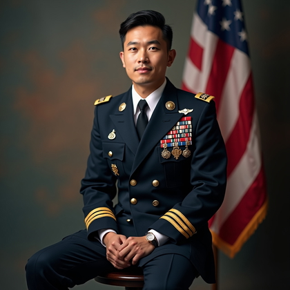 AI-generated photo: Photorealistic studio portrait photography. A formal service portrait in dress uniform with a modern...