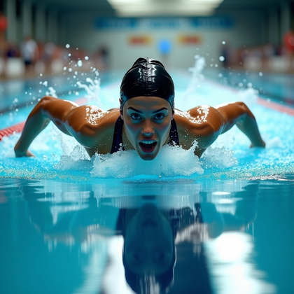 AI-generated photo: Photorealistic fitness photography of a powerful butterfly stroke in an indoor competition pool, sho...
