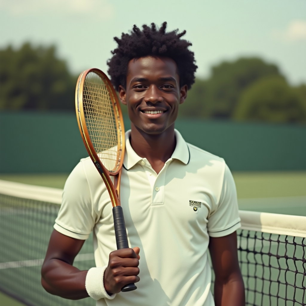 Vintage 70s Tenniscore Portraits example: Photorealistic vintage 1970s profile photo. Clean avatar-style crop from the chest up against a softly blurred tennis ne