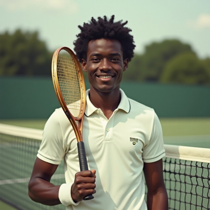 Vintage 70s Tenniscore Portraits example: Photorealistic vintage 1970s profile photo. Clean avatar-style crop from the chest up against a softly blurred tennis ne