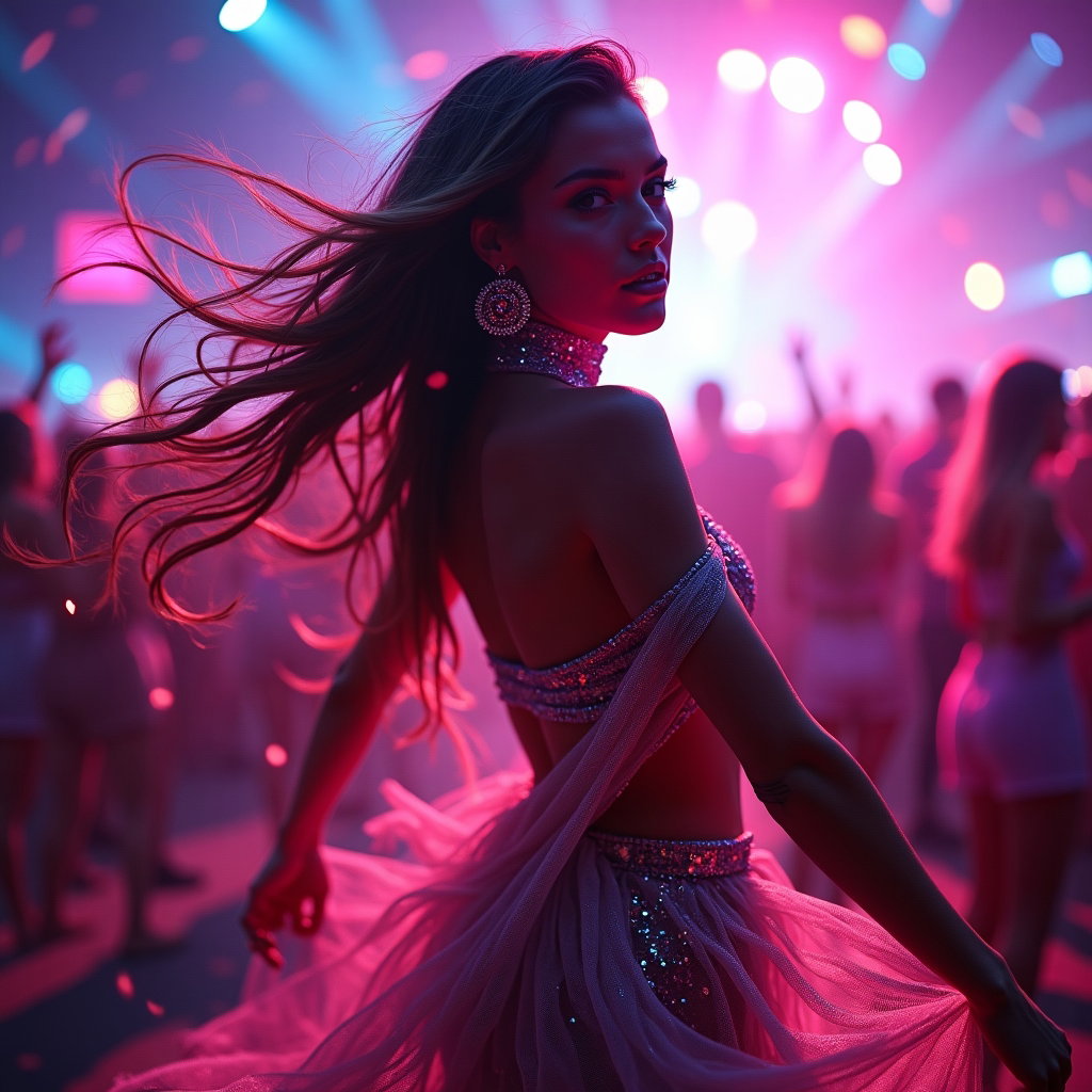Glitter-and-Gems Beauty Close-Up example: Photorealistic festival action portrait, a motion-filled beauty image with the face still sharp and visible, glitter and