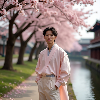 AI-generated photo: Fashion editorial photography, a solo subject positioned beside a tranquil cherry blossom-lined cana...