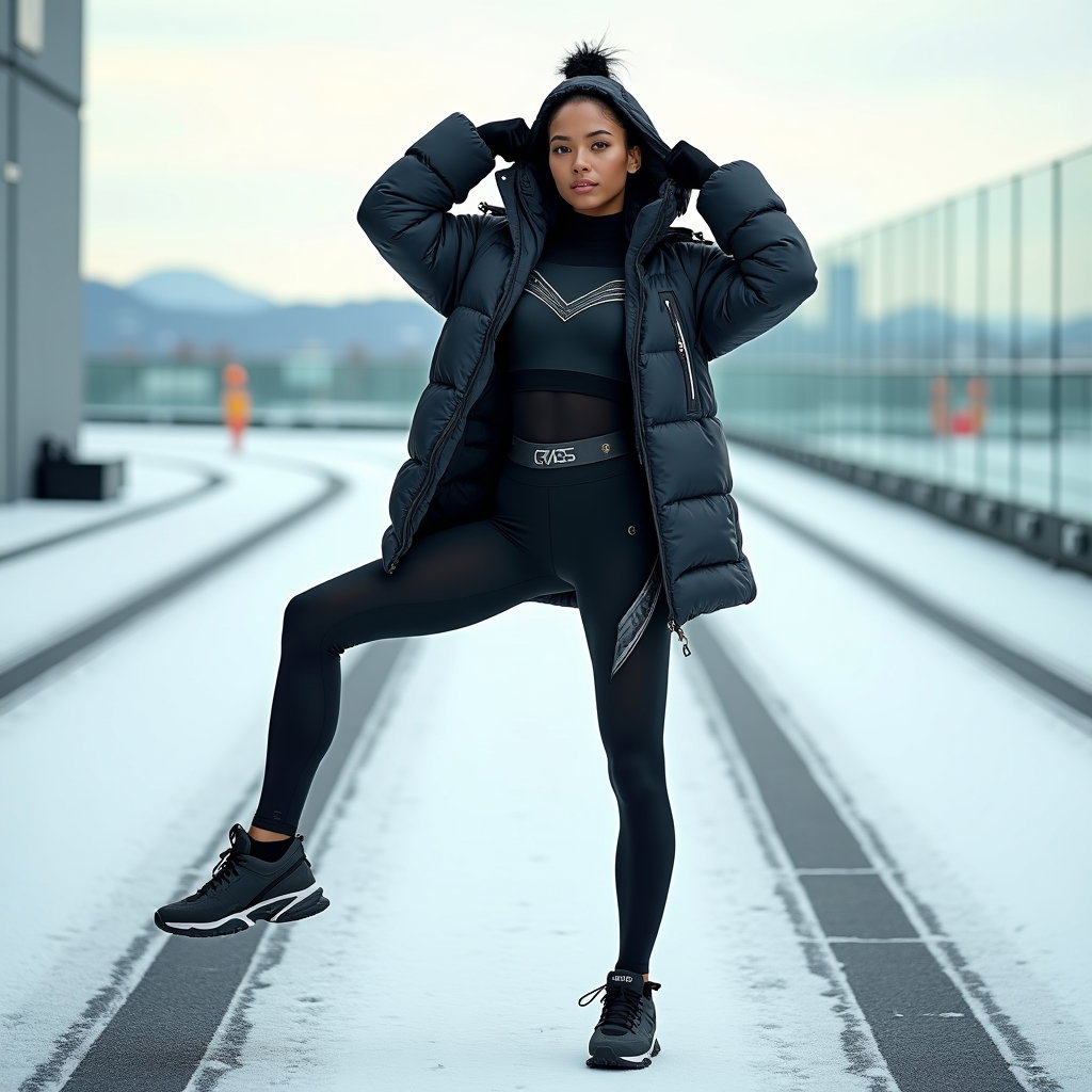 AI-generated photo: Photorealistic high-fashion winter Olympic sports photography, captured in a rooftop altitude traini...