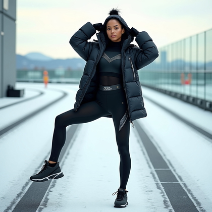 AI-generated photo: Photorealistic high-fashion winter Olympic sports photography, captured in a rooftop altitude traini...