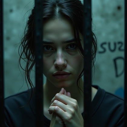 AI-generated photo: Photorealistic prison close-up portrait taken through cell bars, with the person’s face filling most...