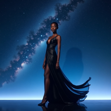 AI-generated photo: Photorealistic editorial fashion photography, a figure in a sleek, floor-length silk gown with a hig...