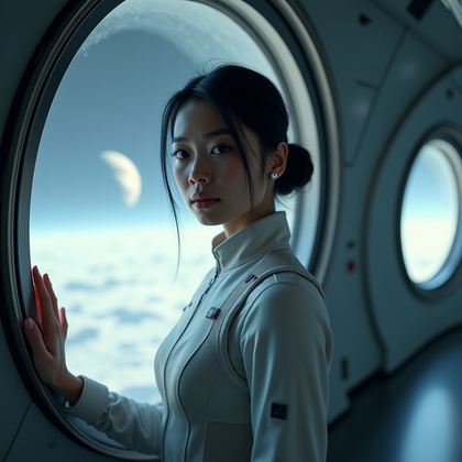 AI-generated photo: Cinematic photorealistic portrait photography, a solitary figure stands inside a moon base observati...