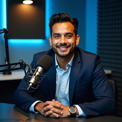 AI-generated photo: Professional headshot. Captured in a contemporary podcast studio with charcoal acoustic panels, a br...