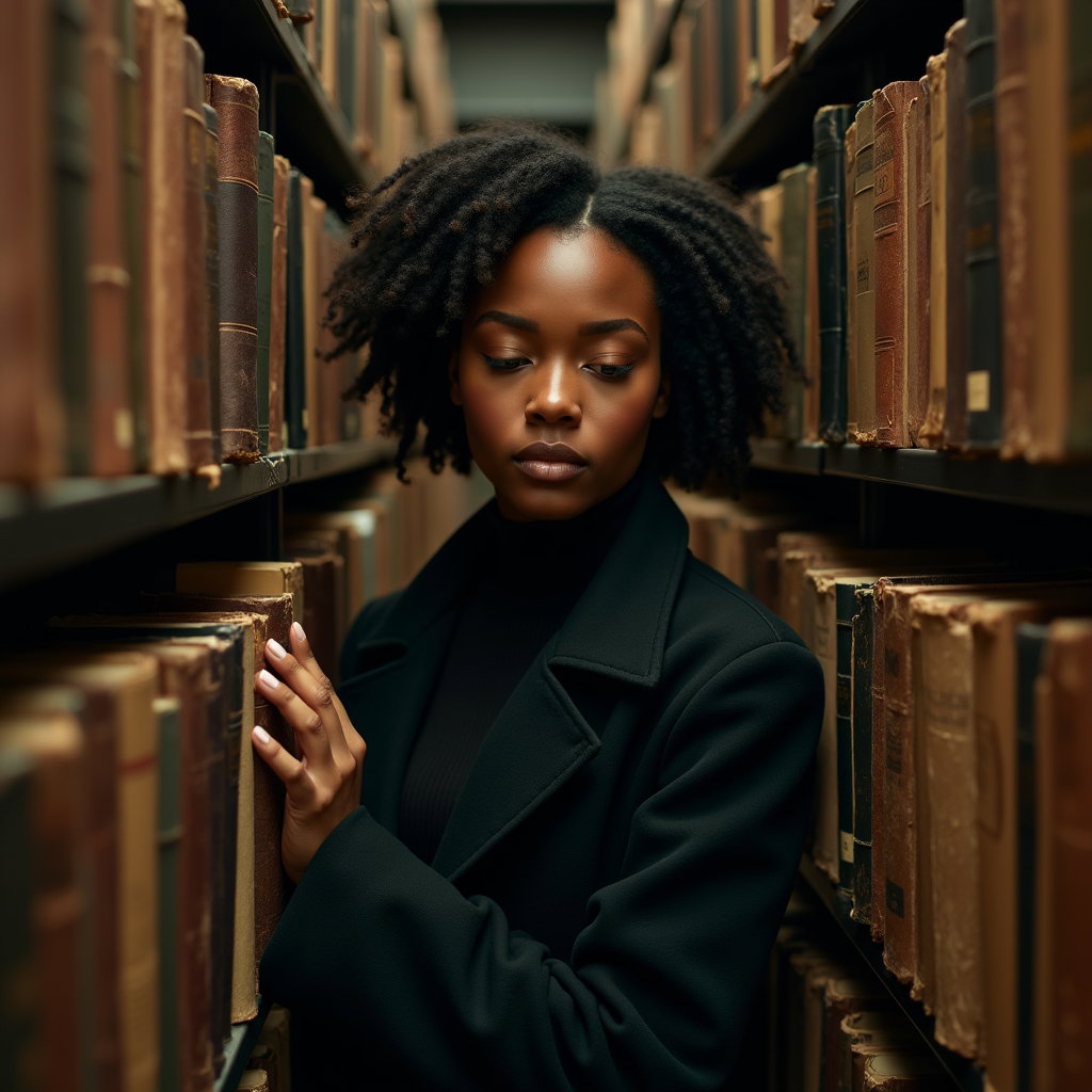 Library Stacks: Tight vertical solo portrait wedged between towering library stacks, shelves rising out of frame on both sides.
