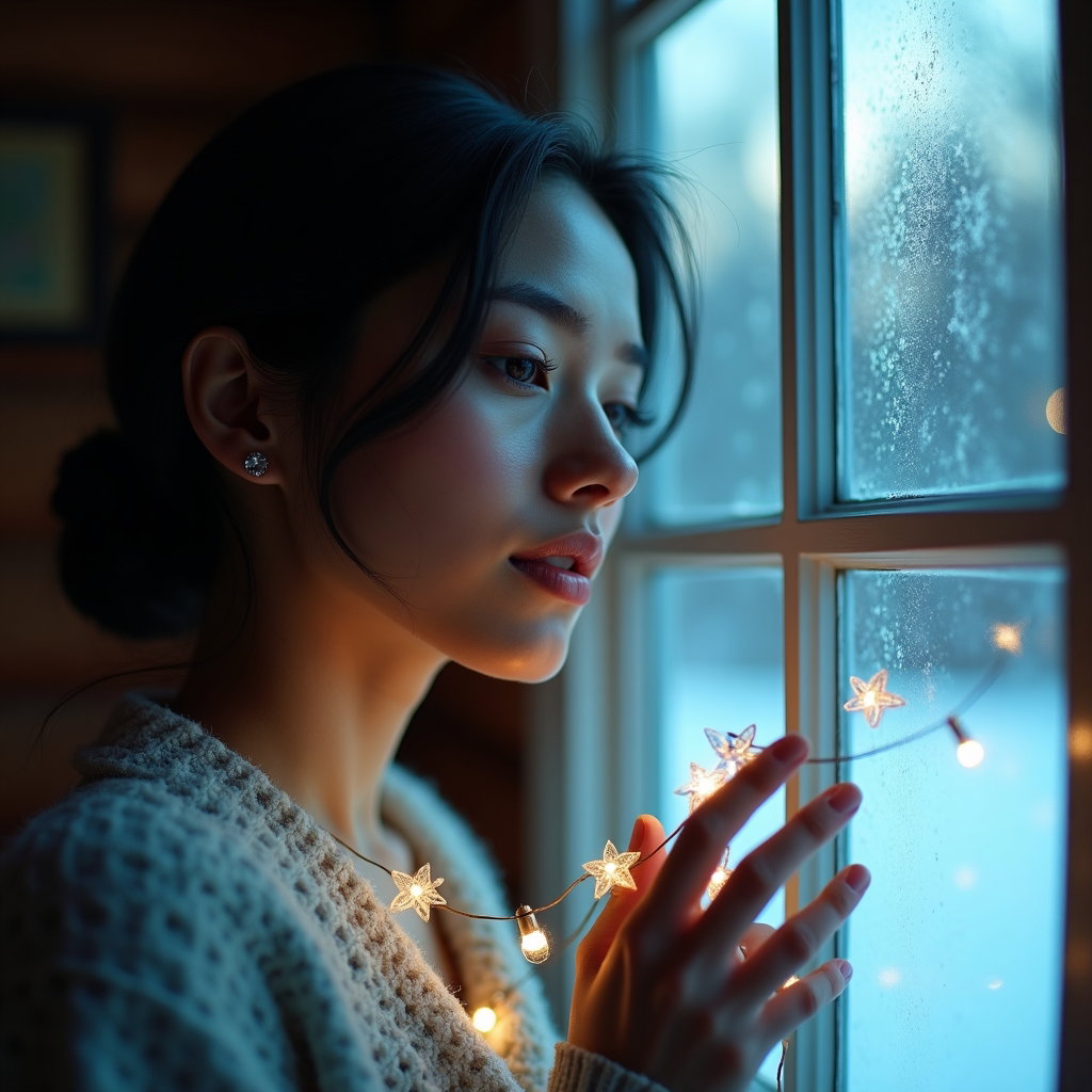 AI-generated photo: Photorealistic lifestyle portrait at a quiet country cabin under moonlight where the paneled window ...