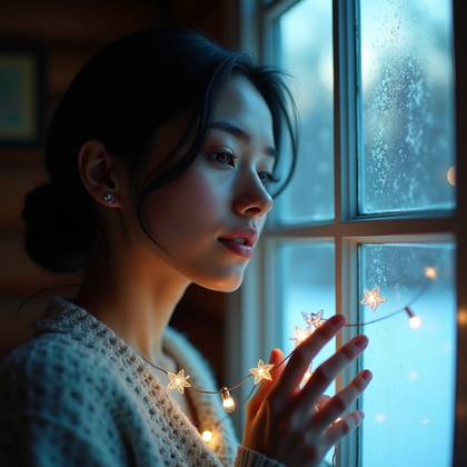 AI-generated photo: Photorealistic lifestyle portrait at a quiet country cabin under moonlight where the paneled window ...