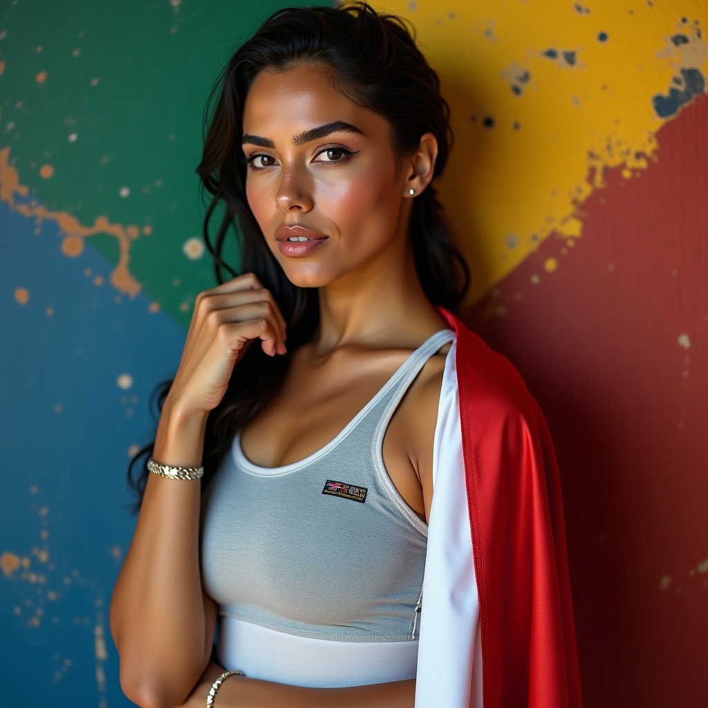 AI-generated photo: Photorealistic fashion sports portrait. Athlete is shot waist-up in a close crop against a textured ...