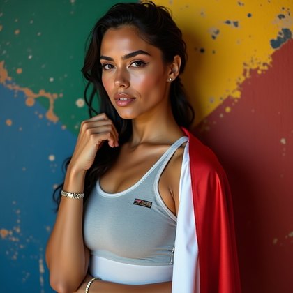 AI-generated photo: Photorealistic fashion sports portrait. Athlete is shot waist-up in a close crop against a textured ...