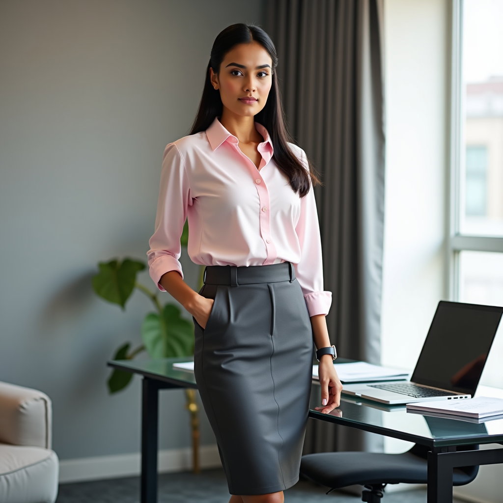 Pencil Skirt And Button-Down: Polished office portrait beside a glass-topped desk, the subject wearing a light pink button-down tucked into a dark gray knee-length pencil…