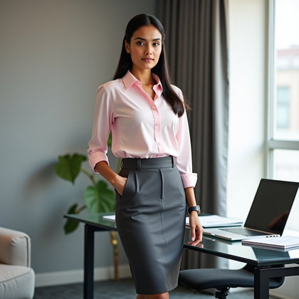 Jupe crayon et chemise boutonnée : portrait professionnel soigné à côté d’un bureau à plateau de verre, la personne portant une chemise rose clair rentrée dans une jupe crayon gris foncé au genou…