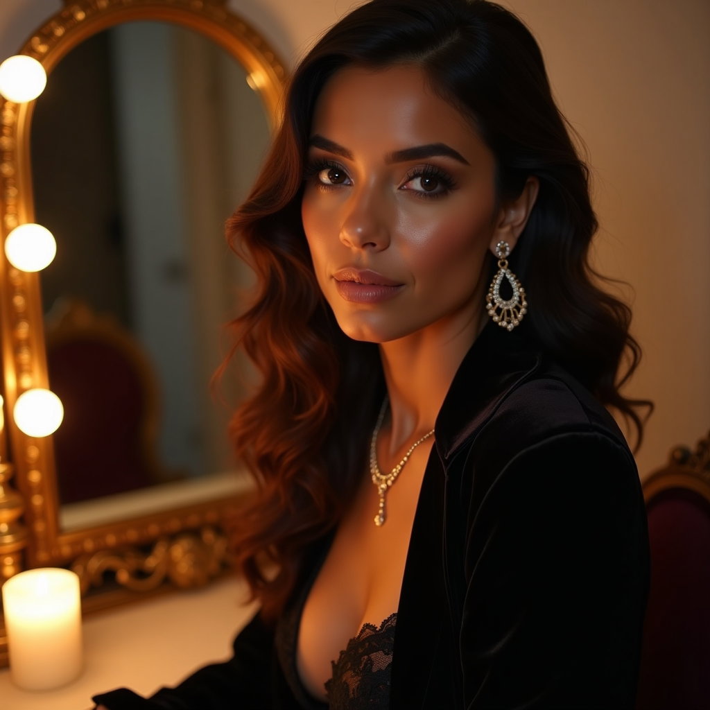 Mirror Vanity Glance Portrait example: Dating profile photo. Close-up mirror vanity glance with the subject seated at an ornate vanity, face clearly visible in