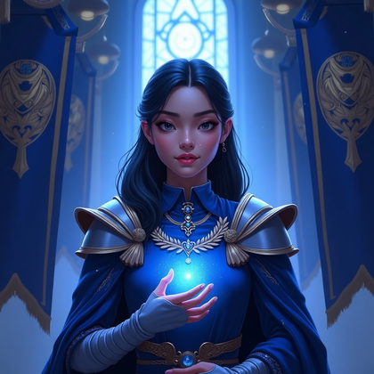 AI-generated photo: Stylized high-fantasy digital illustration. A regal, front-facing avatar portrait for a commander/le...