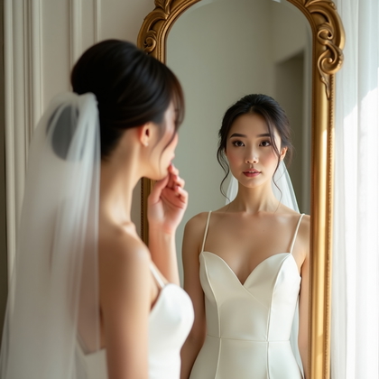AI-generated photo: Photorealistic wedding photography of a private mirror moment in a sunlit bridal suite, the subject ...