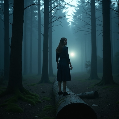 Forest Chase Over-the-Shoulder Portrait example: Cinematic horror environmental portrait photo. The subject stands on a fallen log in a dense forest clearing, turned awa