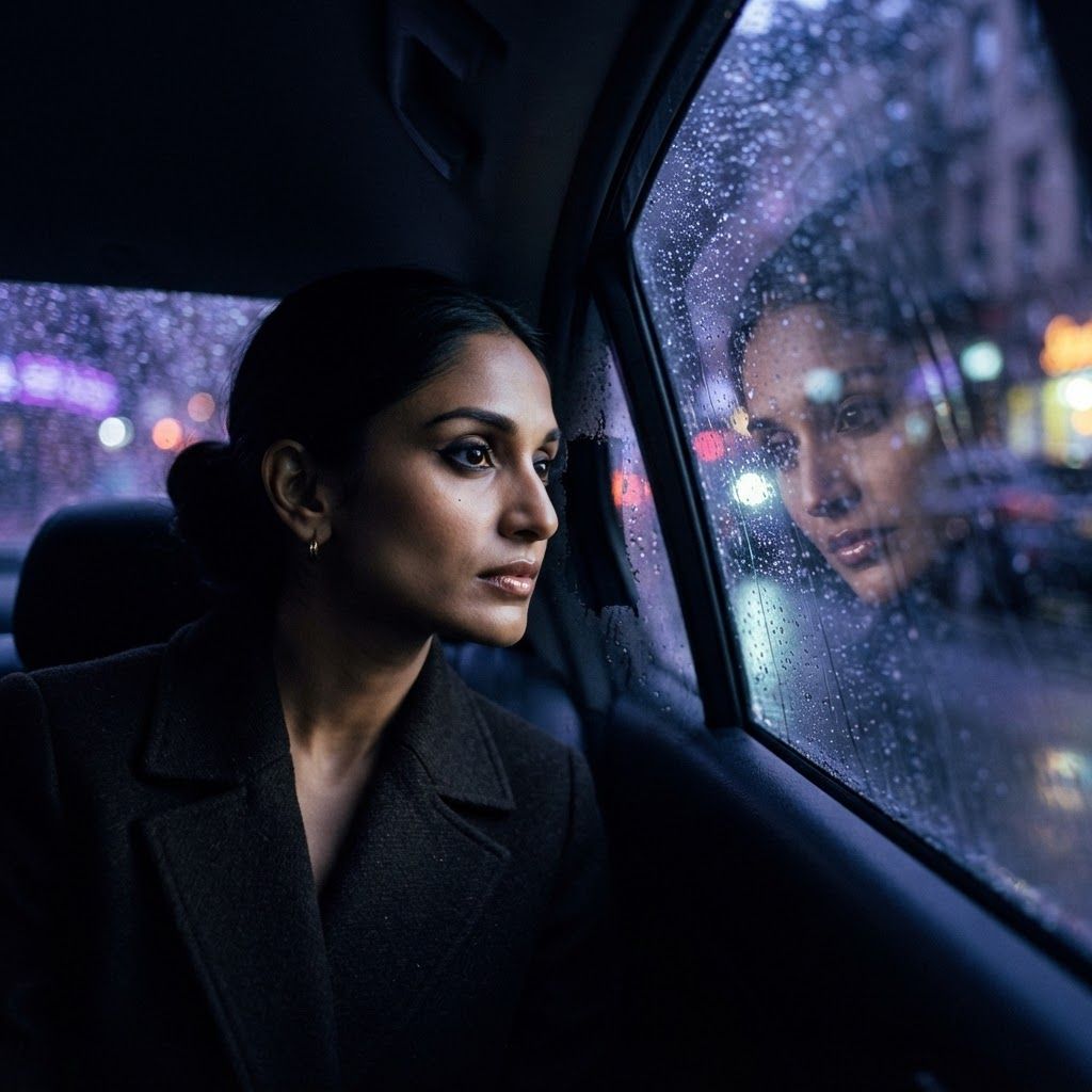 Car Window Reflection: Close neo-noir portrait through a side window covered in fine rain beads, the subject leaning slightly toward a small cleared patch in the…