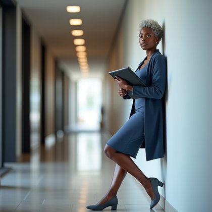 Robe fourreau et cardigan : photo réaliste dans un couloir d’entreprise, avec une atmosphère calme d’avant-entretien.